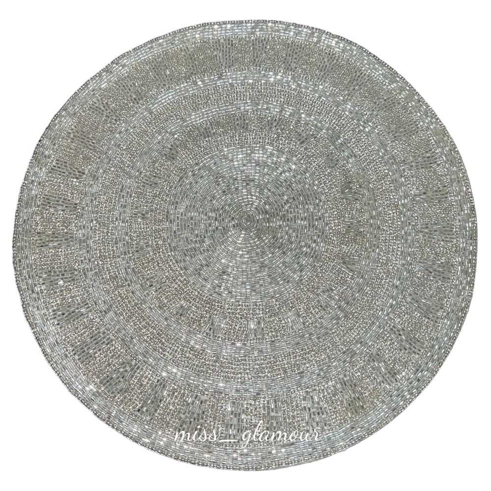 set of 4 Rachel Zoe Christmas glam beaded Silver charger Placemat 14” NEW
